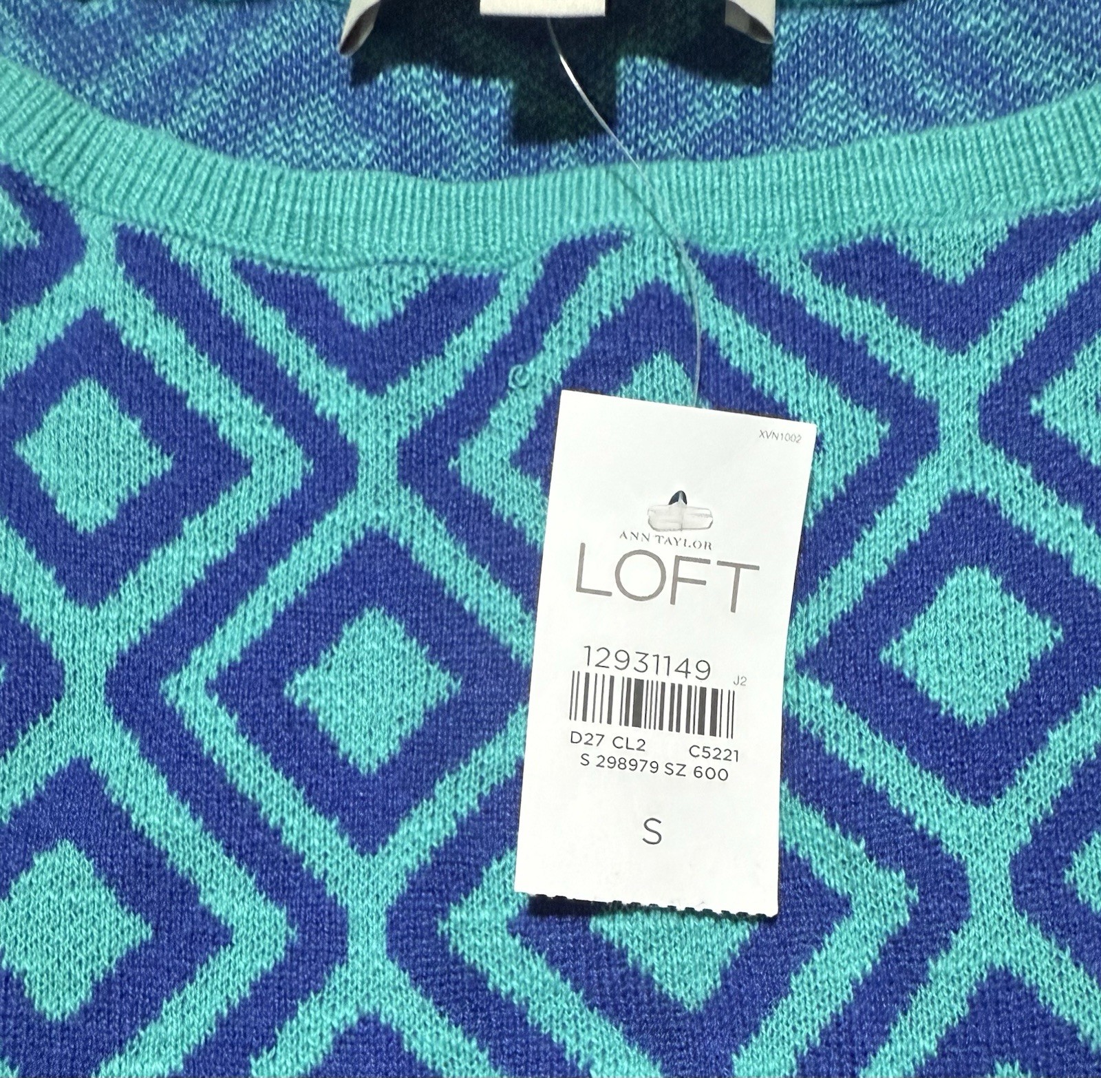 NWT Ann Taylor Loft Women’s Teal Diamond Argyle Cap Sleeve Knit Top sz S