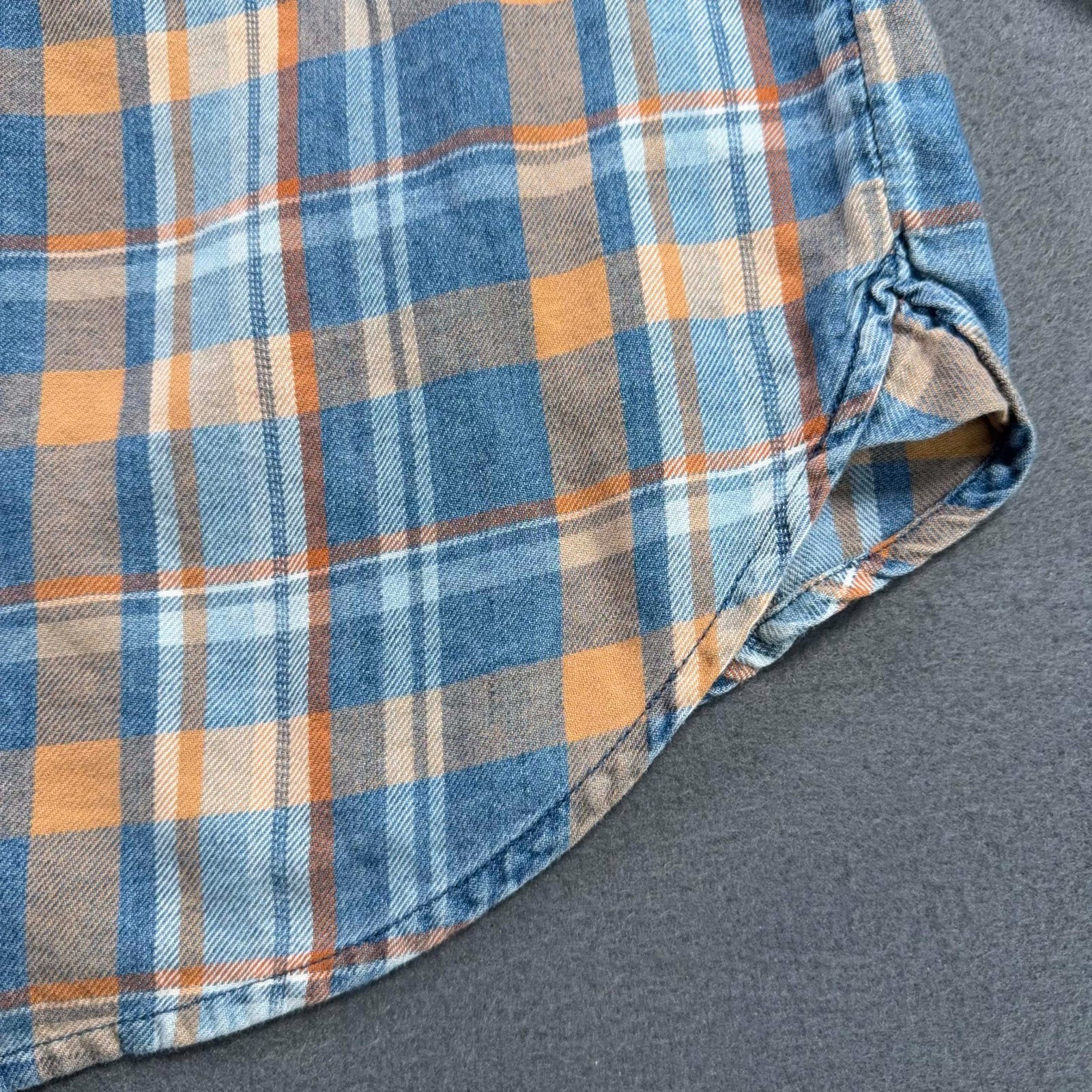 American Eagle Flannel Pearl Snap Shirt Womens M Blue Orange Plaid Boyfriend Fit