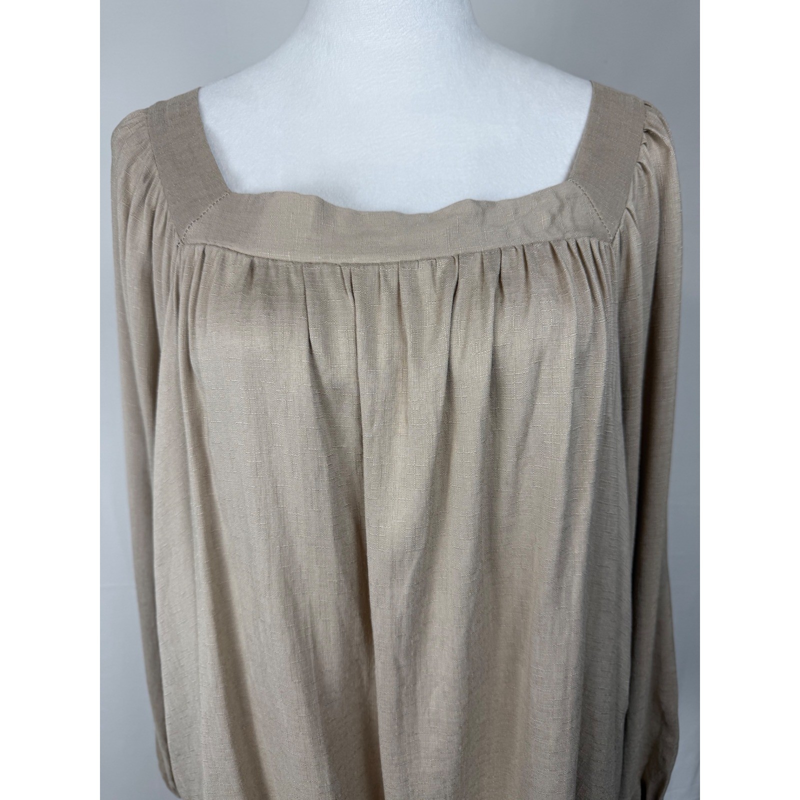 Perfectly Priscilla Square Neck Blouse Women’s 2X Tan Tie Back Peasant Babydoll