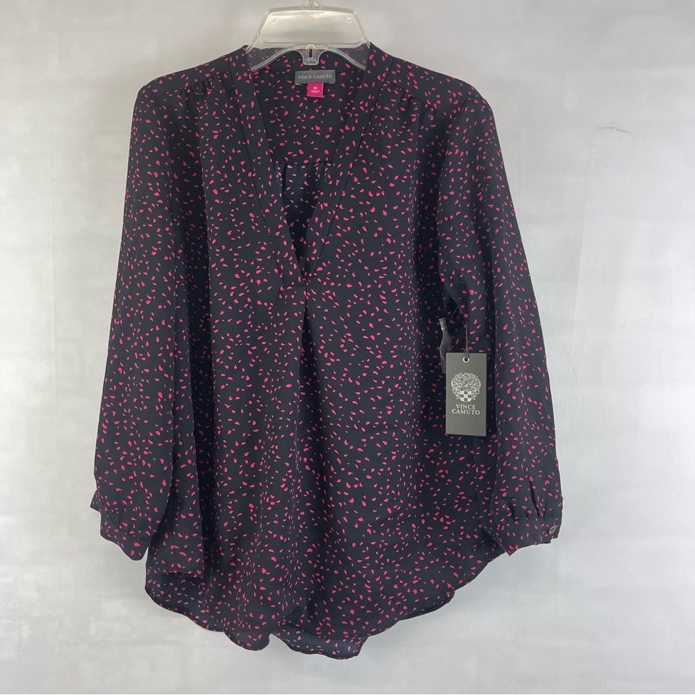Vince Camuto Speckled Confetti V Neck 3/4 Sleeve Black&Pink Blouse Sz XS NWT
