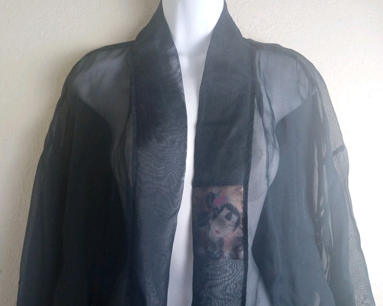 Chicos Design Women’s Black Asian Style Cardigan Sheer Open Front 100% Silk Sz L