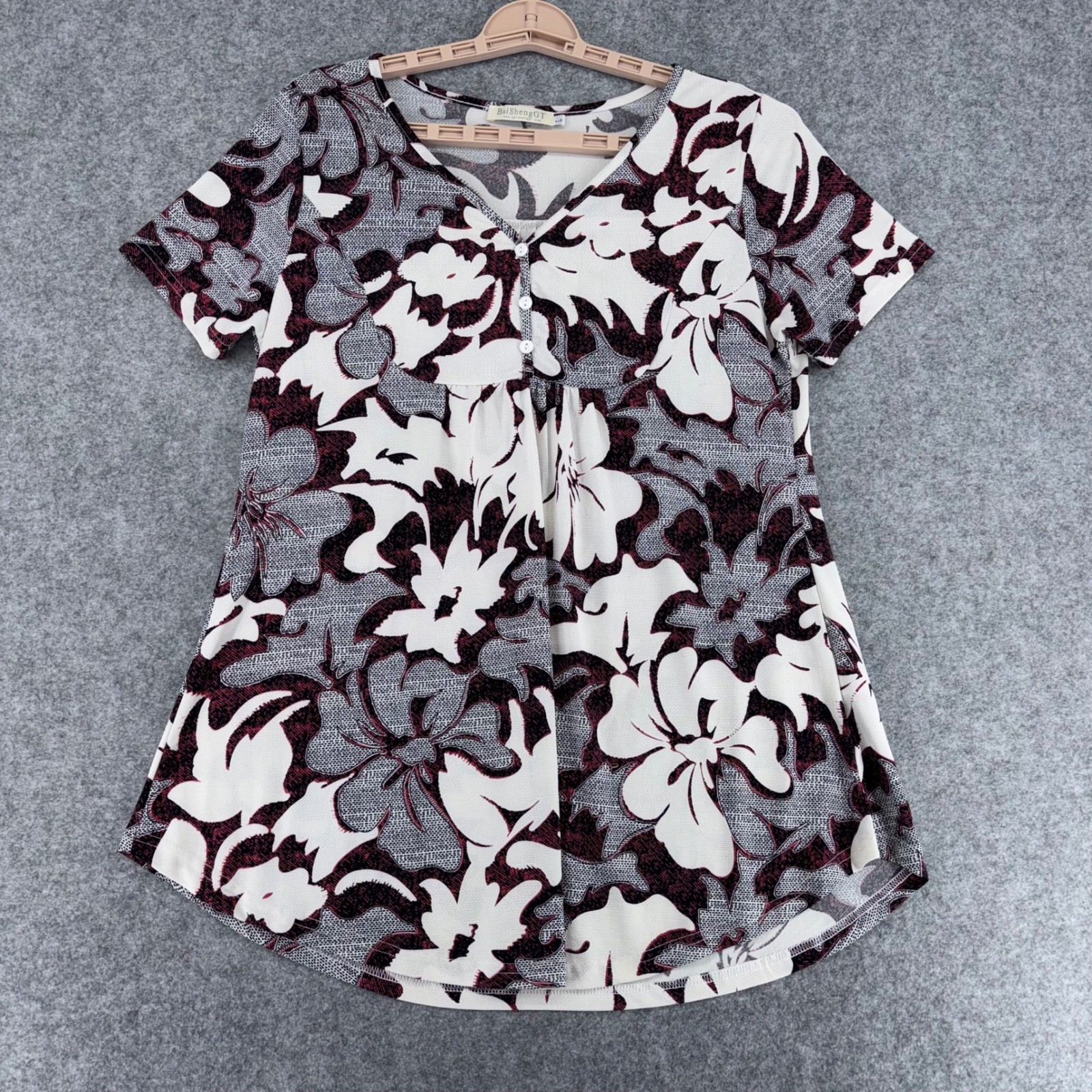 BaiShengGT Womens Floral V-Neck Henley Tunic Blouse Burgundy Black White Large