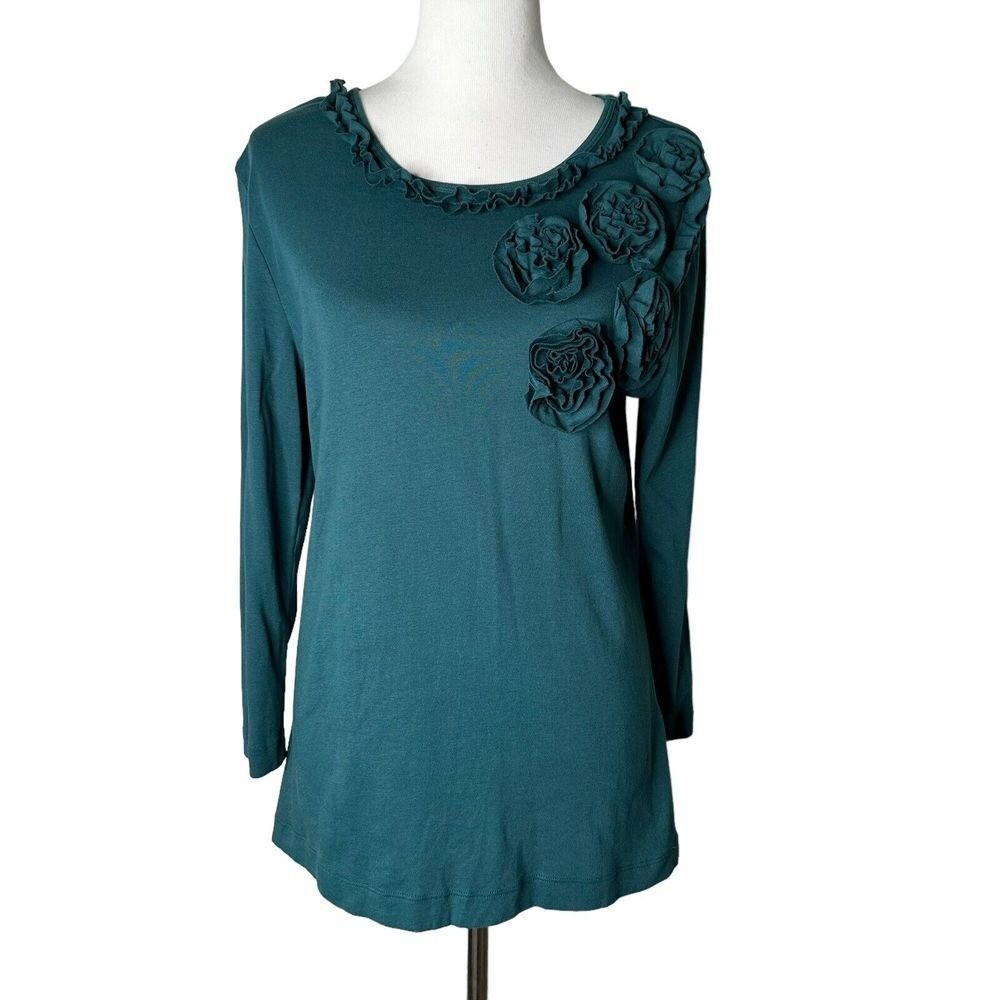 Van Heusen Floral Applique Top Womens L Green Ruffle Feminine Romantic Blouse