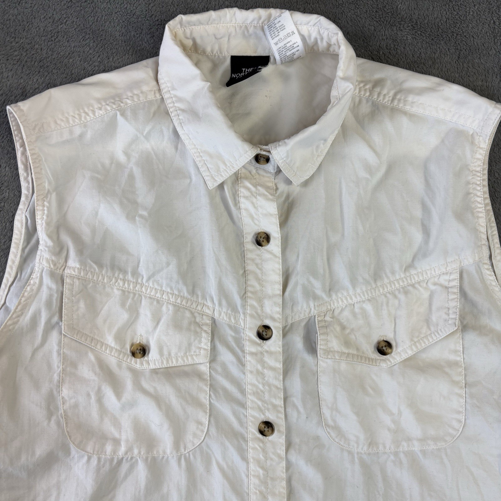 The North Face Shirt Women XL Ivory Sleeveless Pocket Button Up Gorpcore Outdoor