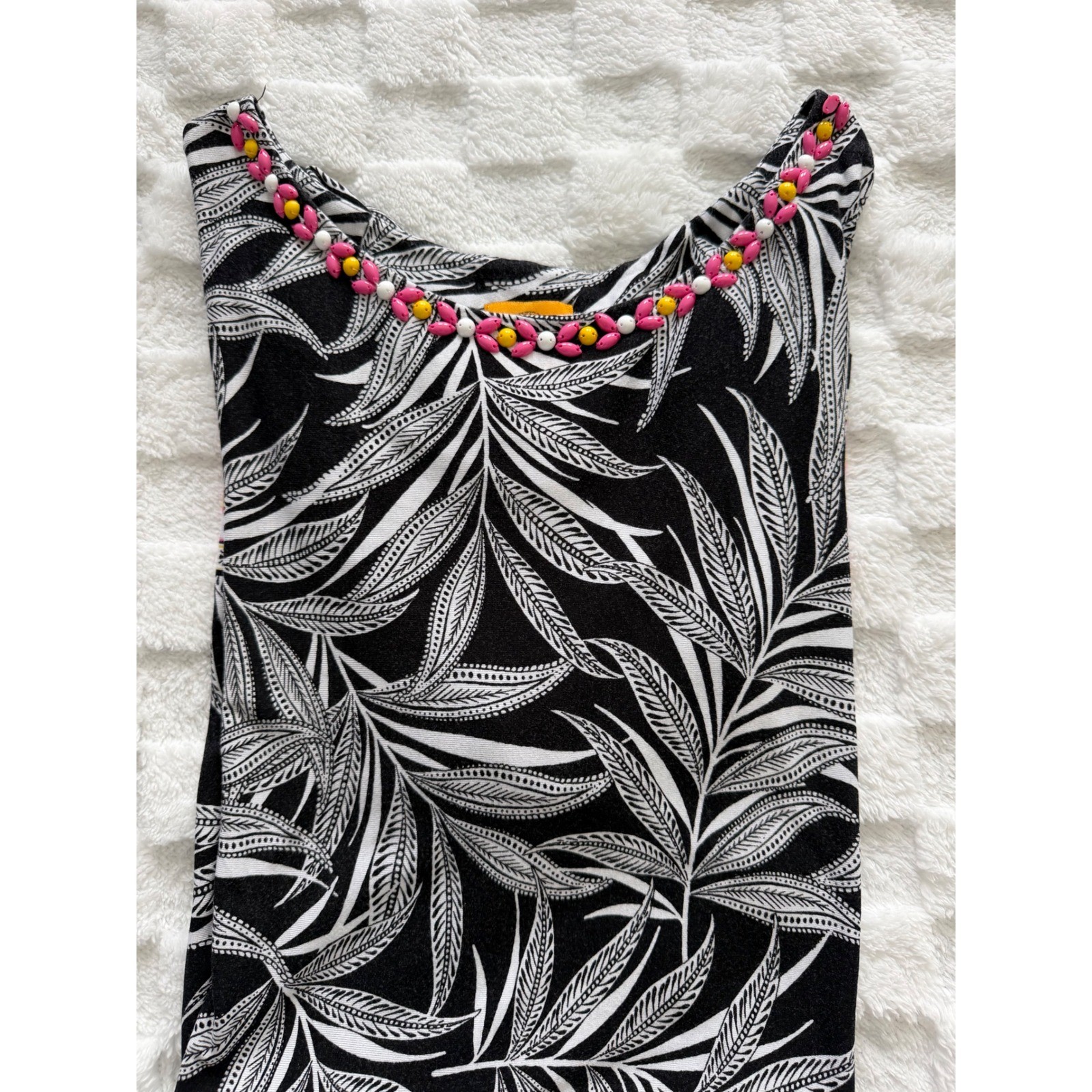 Ruby Rd Women Black White Tropical Palm Print Beaded Neck Blouse Large 17153