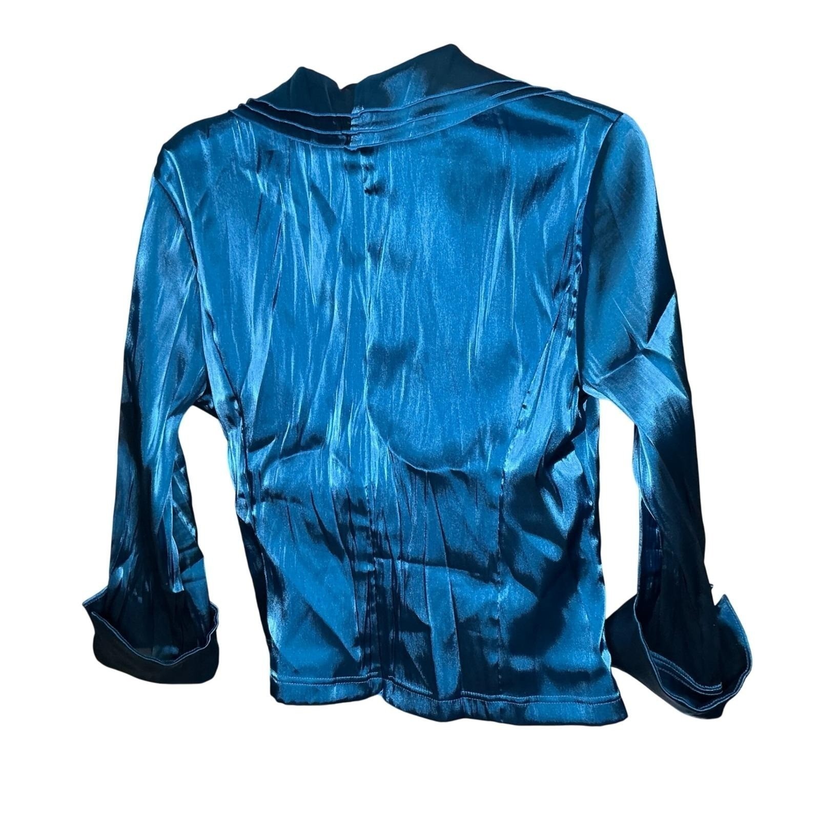 Cachet Blue Teal Satin Surplice Evening Blouse Ruched Waist 3/4 Sleeve Size 14