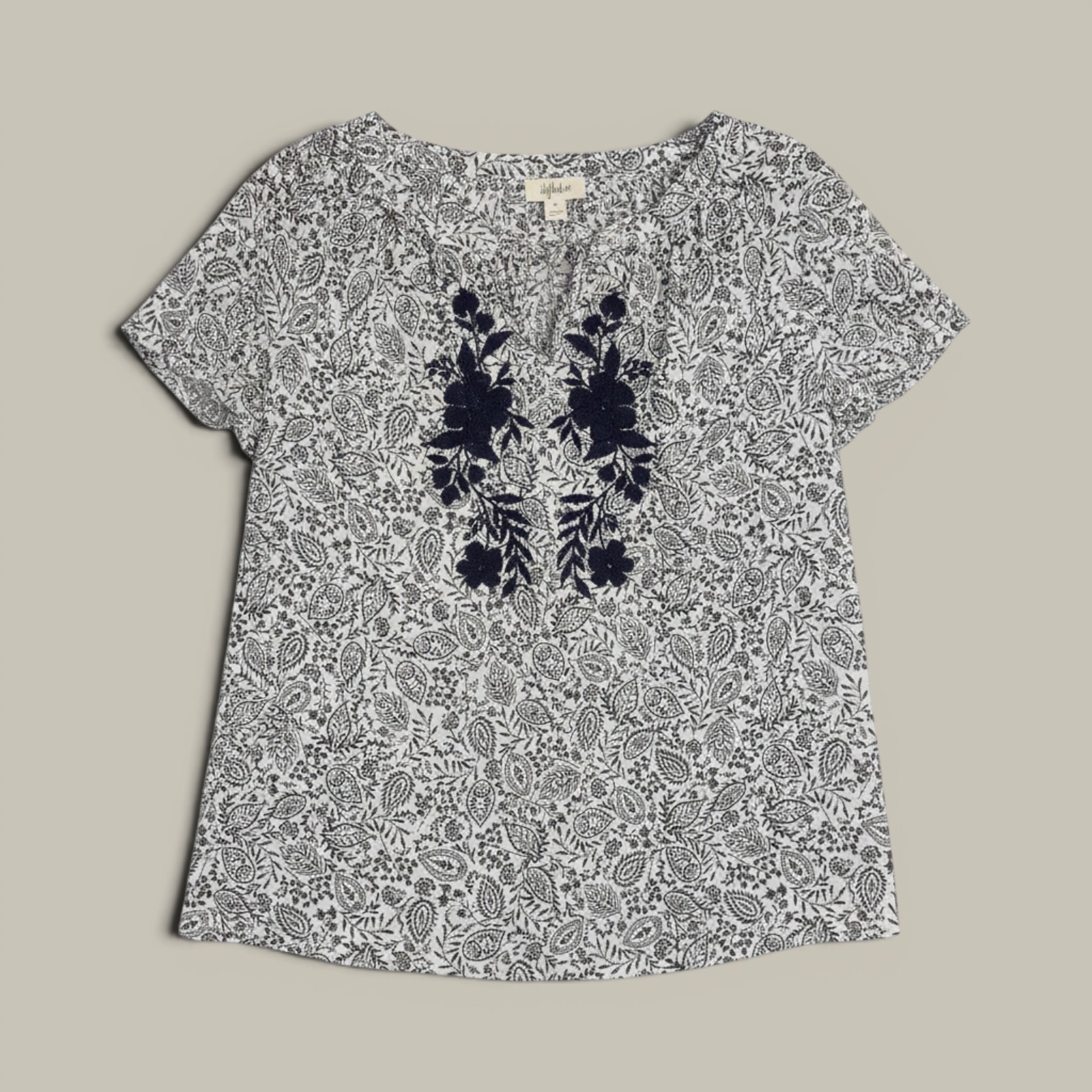 Style & Co Peasant Blouse Womens 1X White Navy Blue Embroidered Tassel Casual