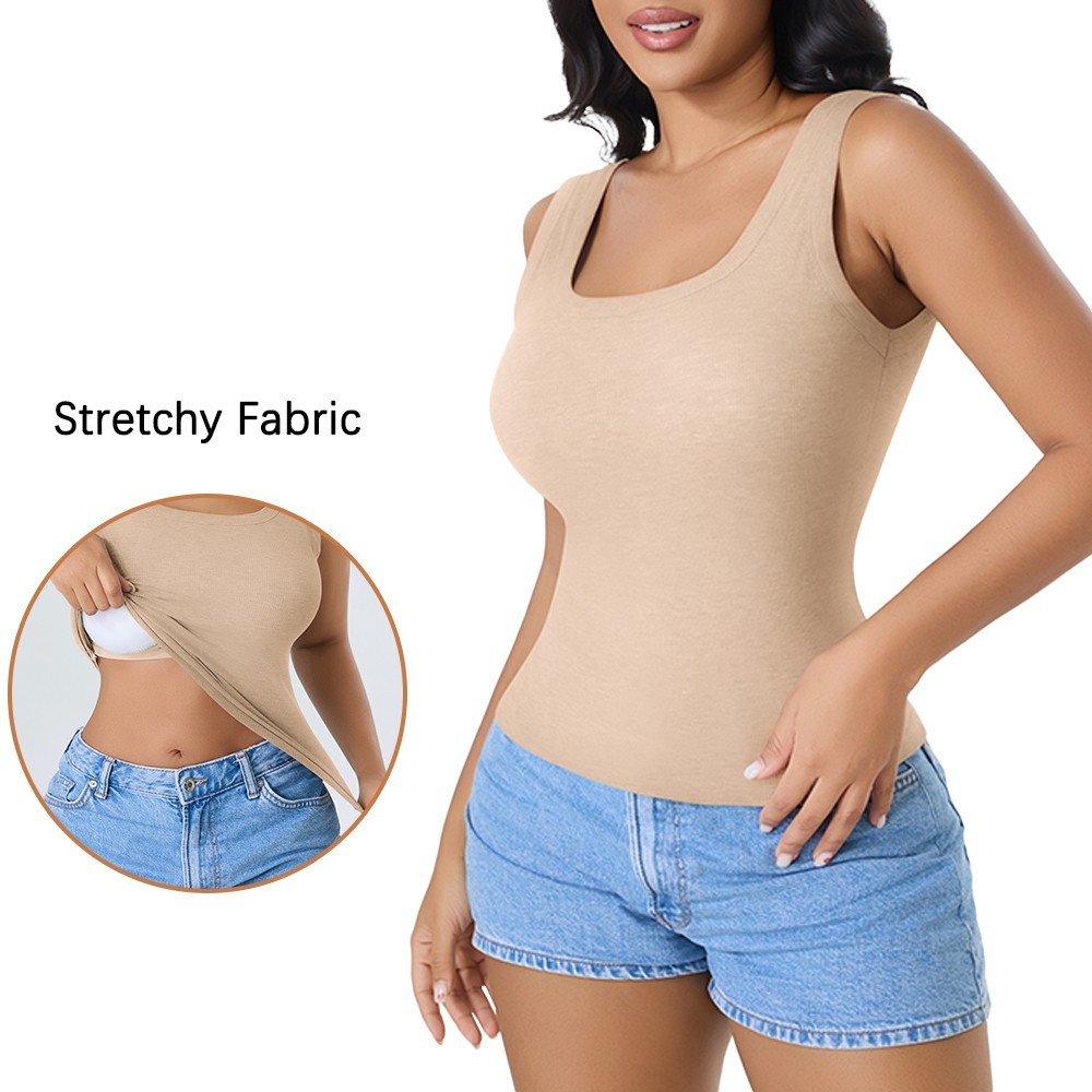 5 Pack Ribbed Square Neck Tank Top Built In Bra Tummy Control Slim Camisole