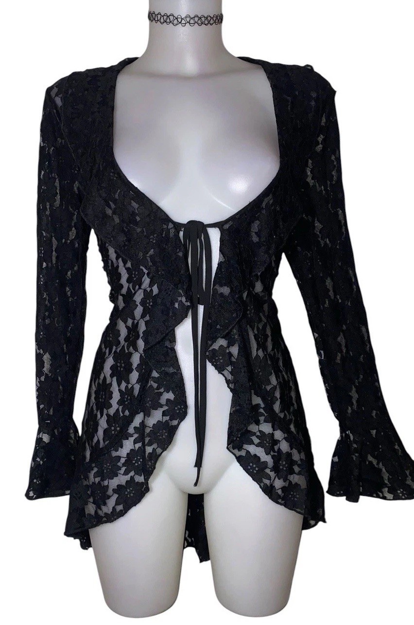 Vtg 90s Womens Victorian Black Lace Sheer Stretchy Whimsigoth Cardigan Top Sz M