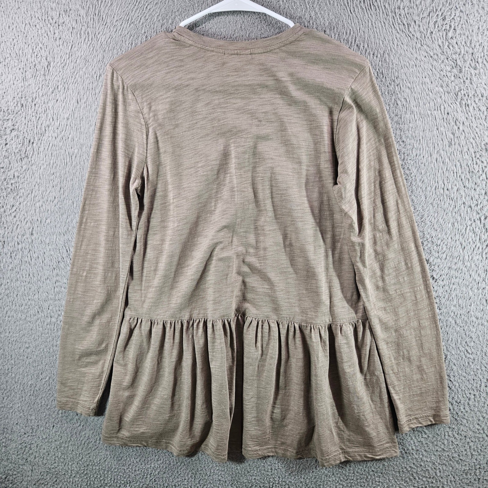 LOGO Lori Goldstein Women XS Taupe Embroidered Peplum Top Long Sleeve