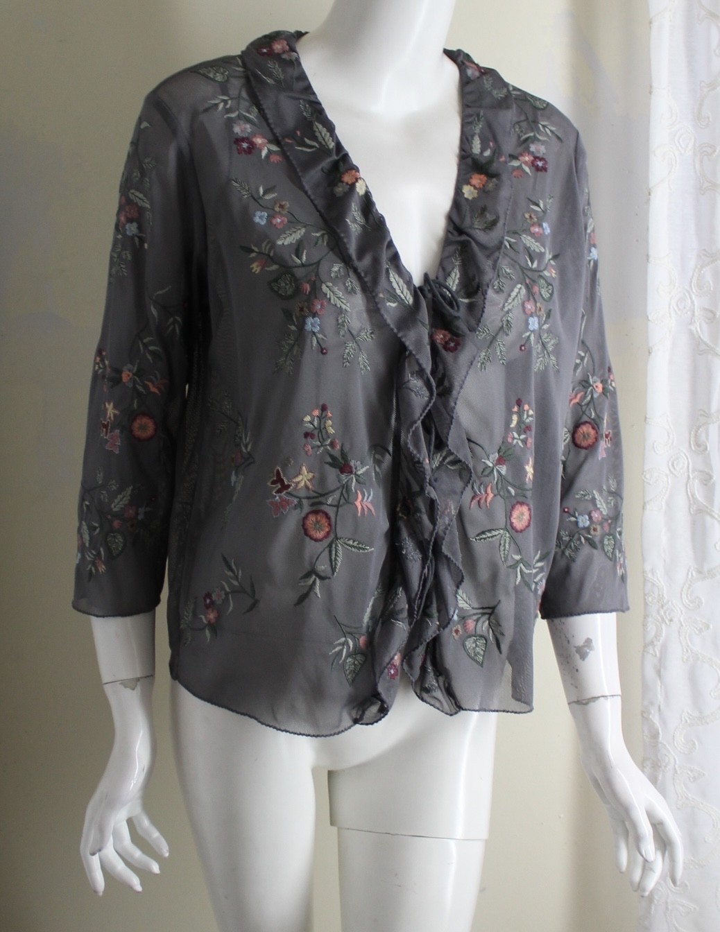 j.jill S Gray Vintage Frilly Embroidered Feminine Mesh Cardigan Topper Jacket