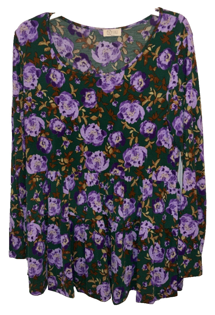 Be Stage Womens L Green Purple Boho Floral Print Long Sleeve Babydoll Tunic Top