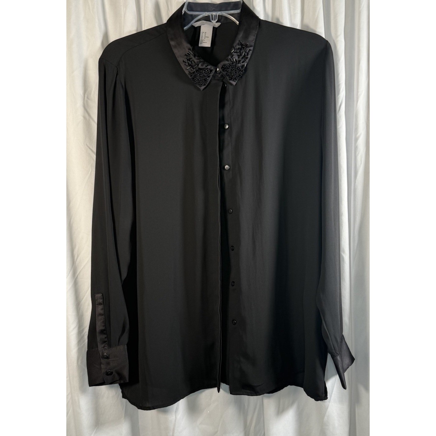H&M Black Beaded Embellished Collar Button Down Blouse Long Sleeve 10 Chic 84-25