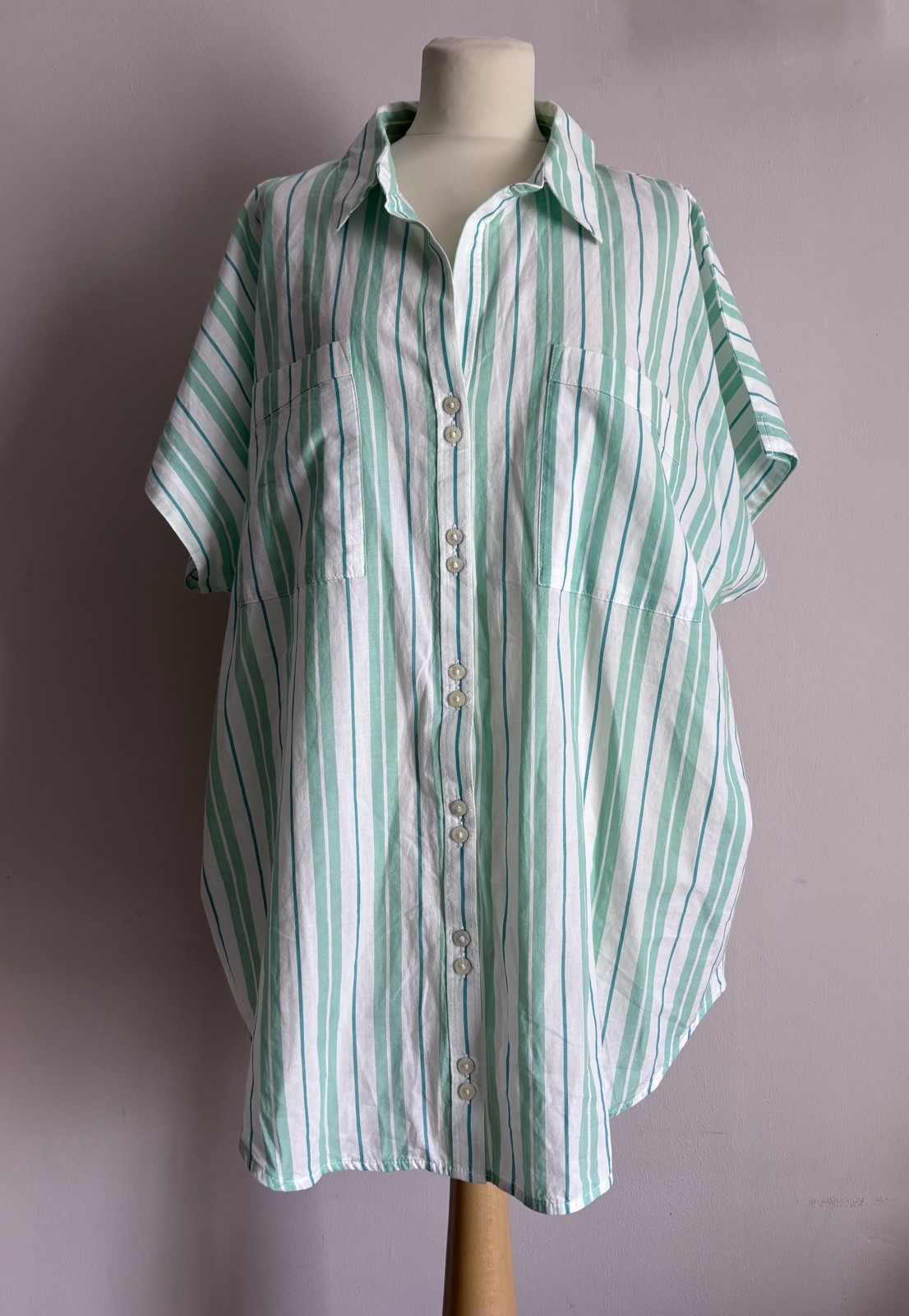 NEXT XL Green and White Striped Shirt Blouse Top 100% Cotton