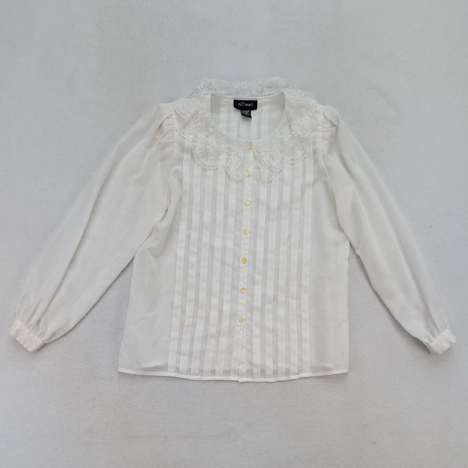 Nilani Vintage Women’s Top Size 9/10 White Sheer Button-Up Blouse Pleated FLAWS
