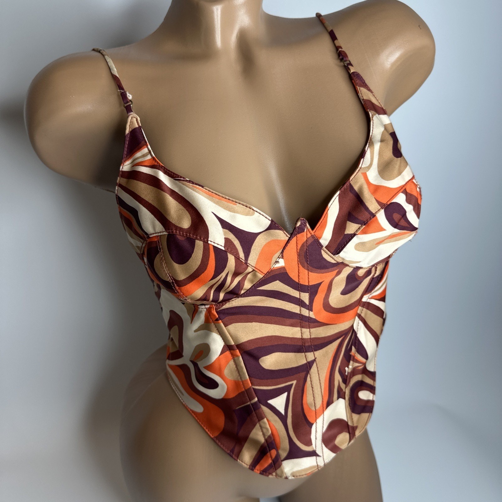 Urban Outfitters Karissa Swirl Corset Bustier Top Medium Orange Brown Retro 70s