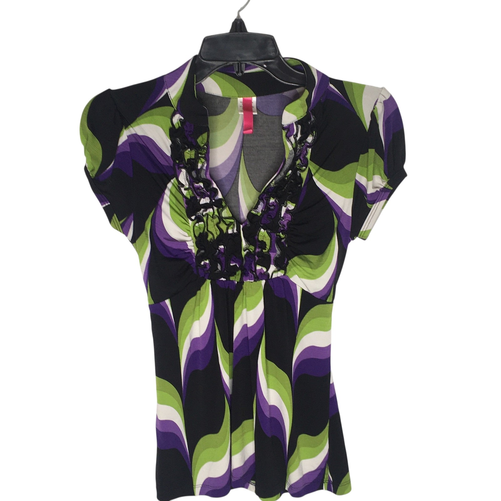 Blouse Womens Small Multicolor Ruffle V Neck Tie Back Tunic Top Stretch Babydoll