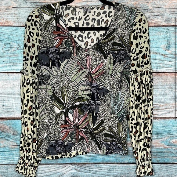 Anthro Blnk London Sibley Black Multi Top S Animal Print Boho Chic Novelty Artsy