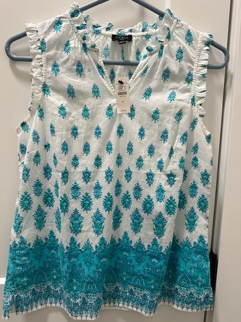 NWT Talbots P White Blue Green Print Split Neck Cotton Sleeveless Top Orig $79