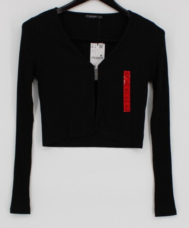Stradivarius Cropped Top Women’s Size XL Black Ribbed Stretch Long Sleeve Open