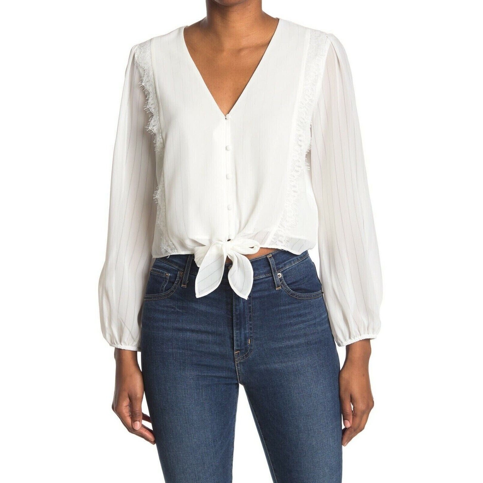 WAYF Women’s Lace Trim Knotted Long Sleeve Blouse White XSmall MSRP $59