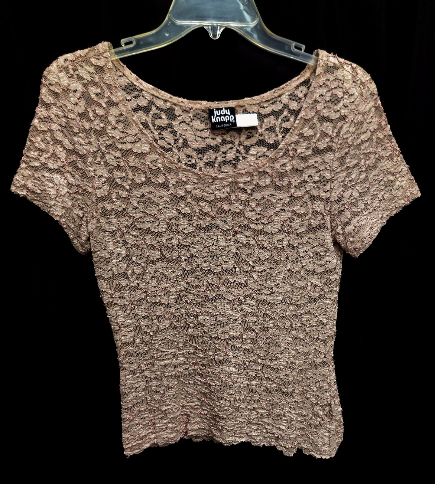 SMALL M JUDY KNAPP TAN SHIMMERY SEMI SHEER STRETCH MESH LACE SHORT SLEEVE TOP