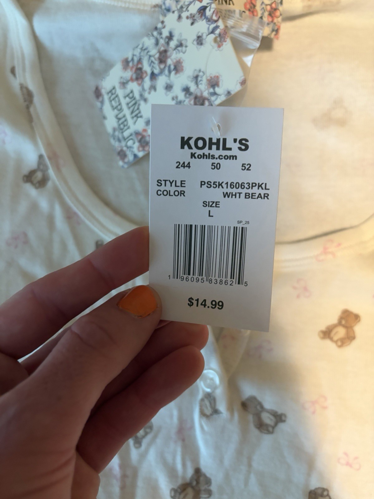 NWT Kohl’s Pink Republic Teddy Bear Bow Print Henley Tee, Size Large