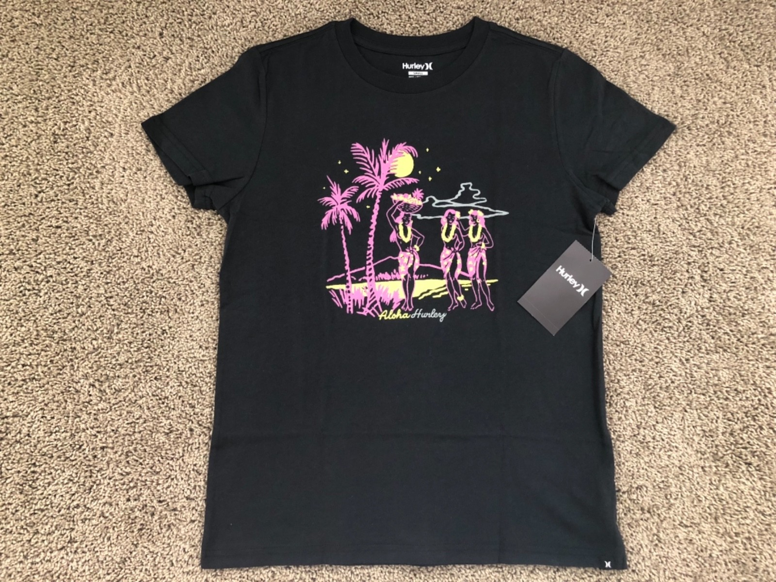 $25 – BRAND NEW HURLEY WOMEN’S T SHIRT TEE HULA PARTY HAWAII ALOHA BLACK