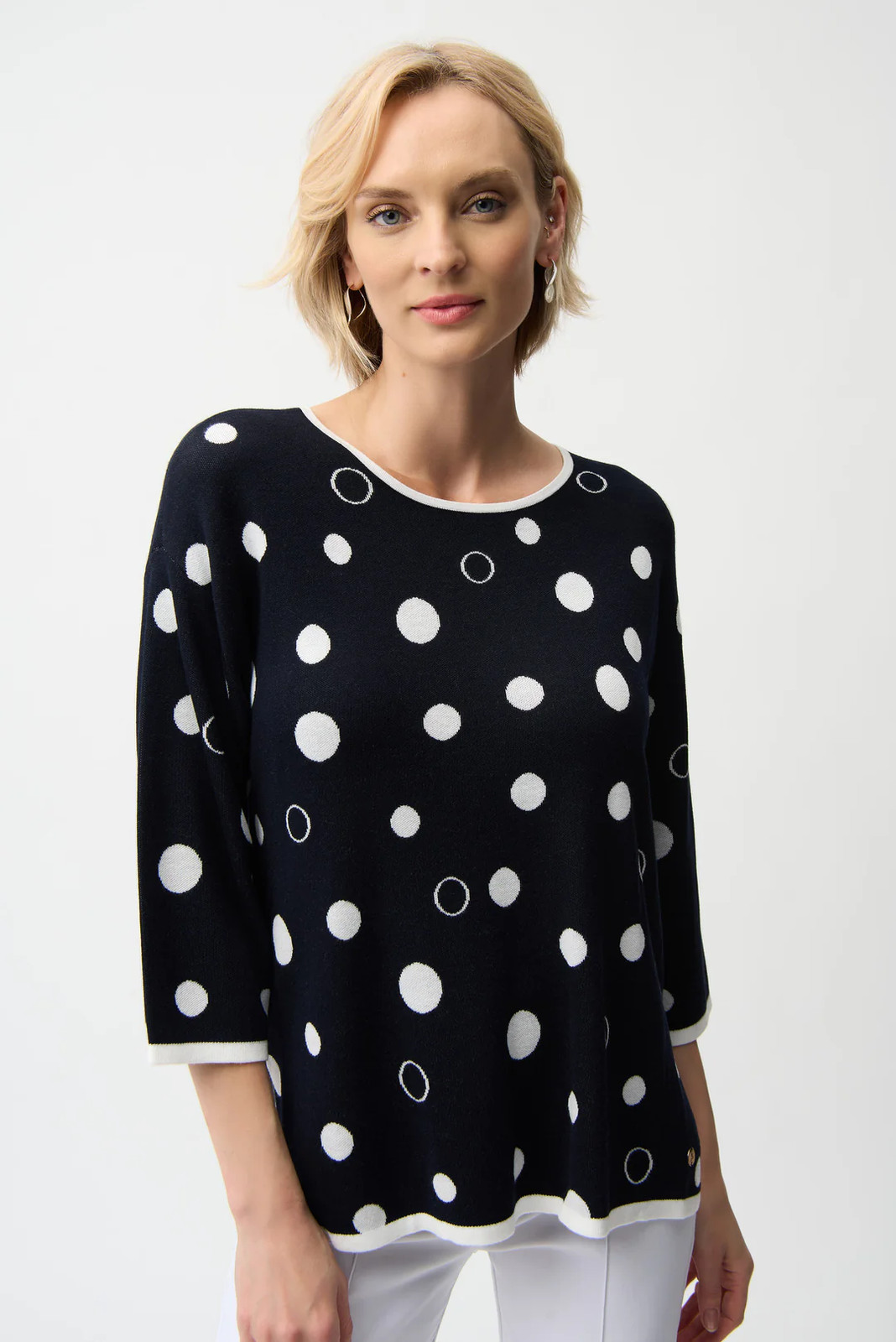 Joseph Ribkoff Midnight Blue/Vanilla Polka Dot 3/4 Sleeves Sweater 261979