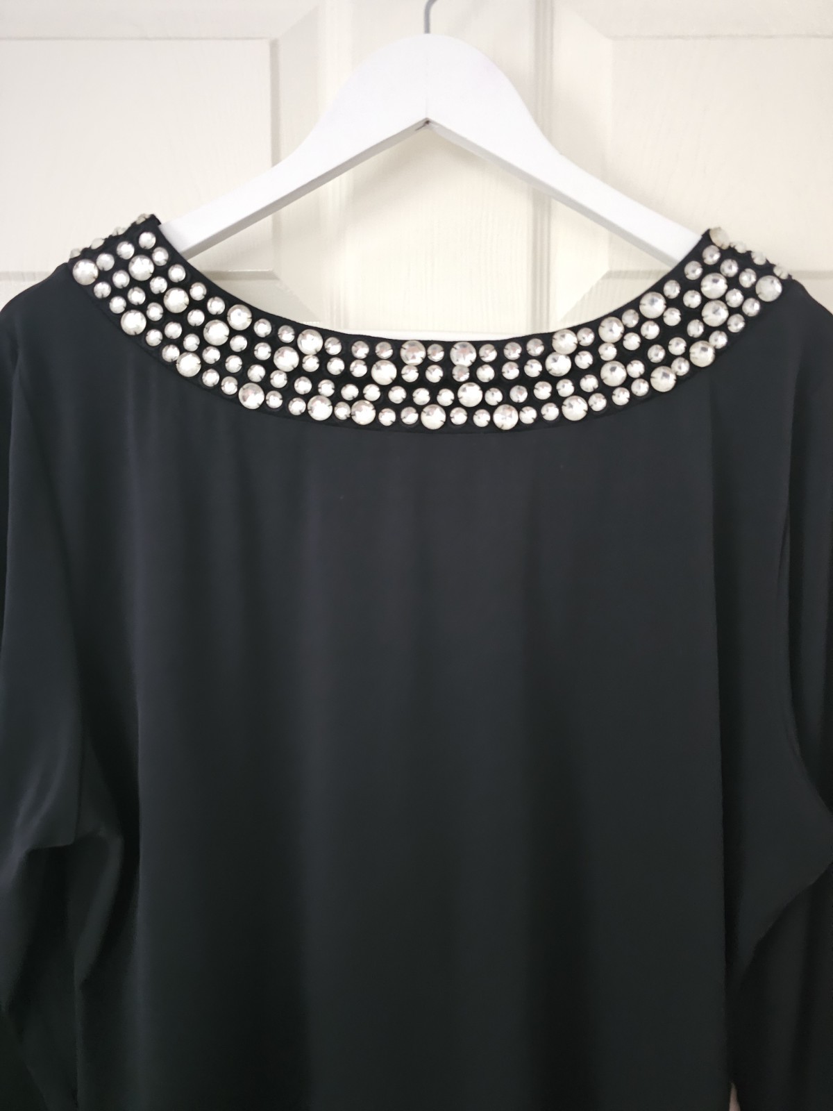 Jacques Vert Embelished Top Size Large Black Diamante Detail Stretch Fabric