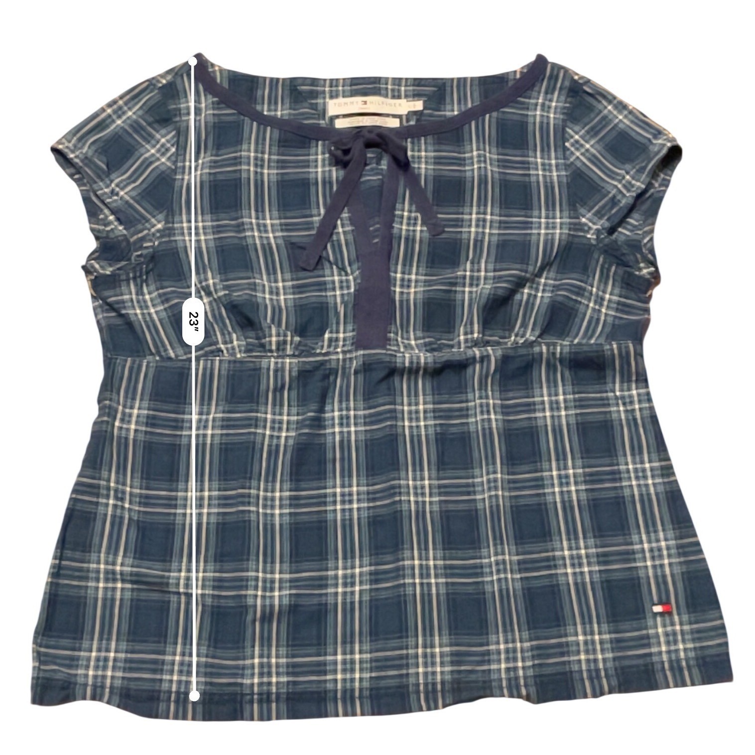 Vintage Y2K Tommy Hilfiger Plaid Top Womens Large Blue Empire Waist Tie Front
