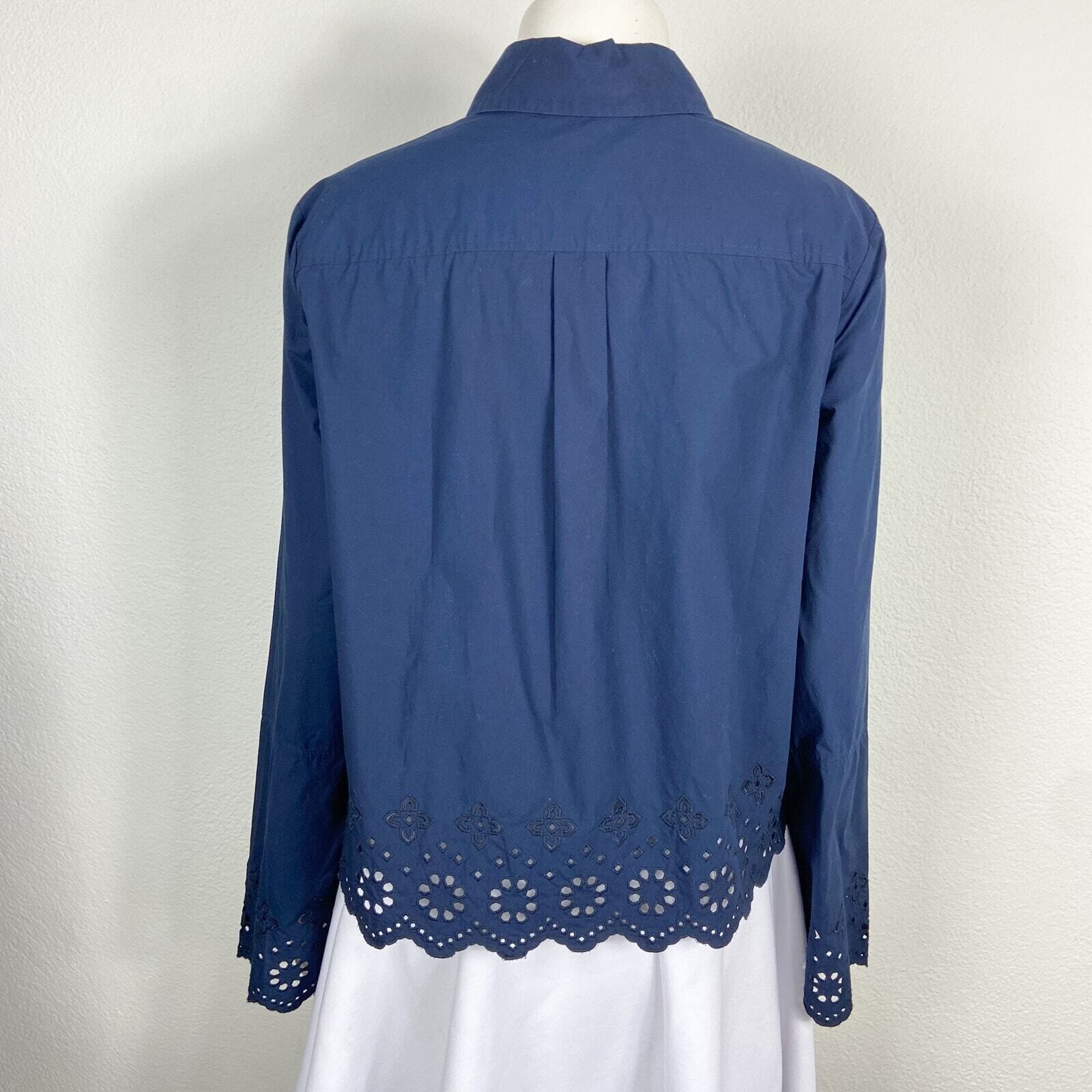 DEREK LAM 10 Crosby Button-Down Shirt Eyelet Embroidery 6 Navy Blue Cotton