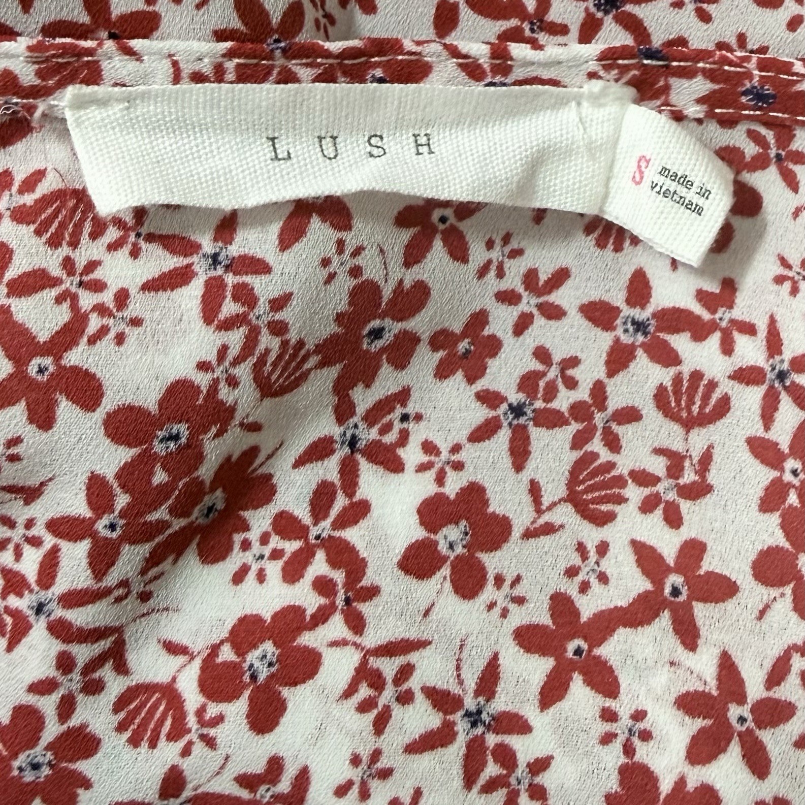 Lush Top Womens S Red White Cottage Ditsy Floral Peasant Sleeve Button Up Shirt