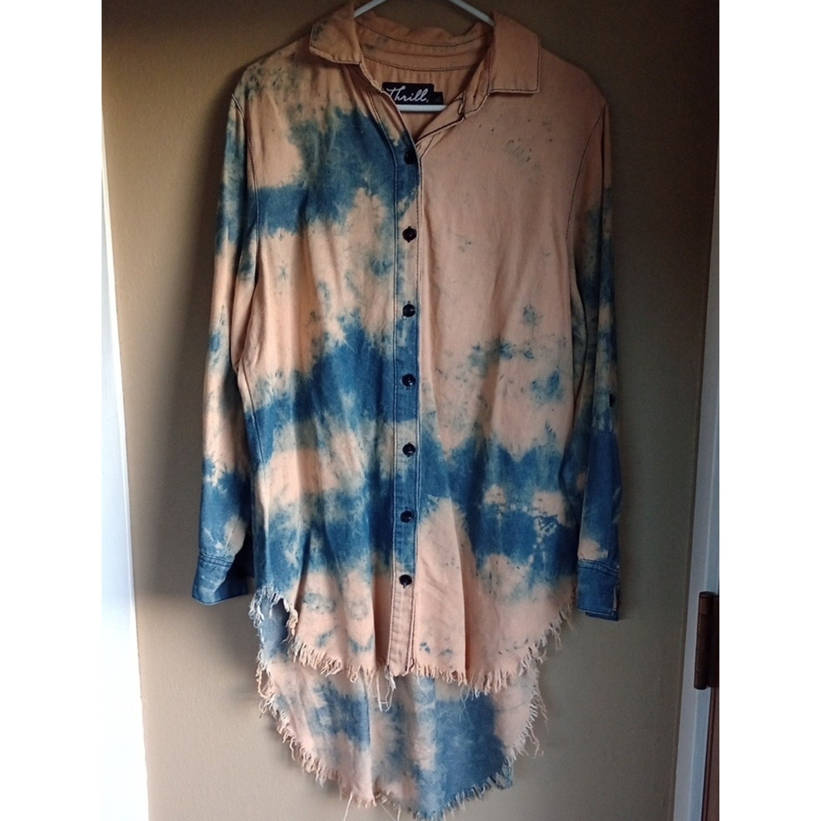 Thrill Denim Bleach Wash Tye Dye Button Front Tunic Dress Shirt Size 2X Cotton