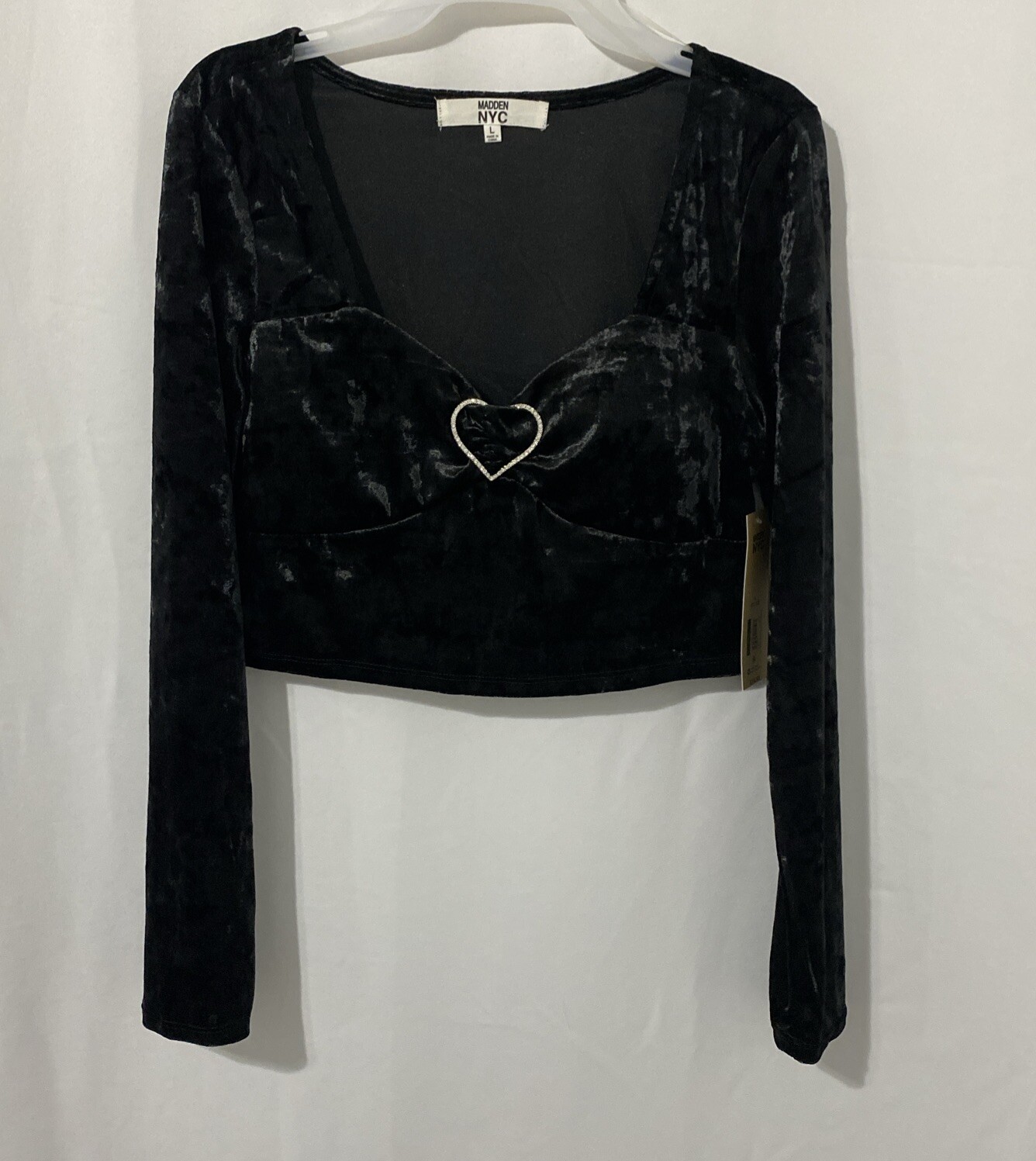 Madden NYC Junior’s Velour Top W/Rhinestone Heart Black Stretchy Large 11-13