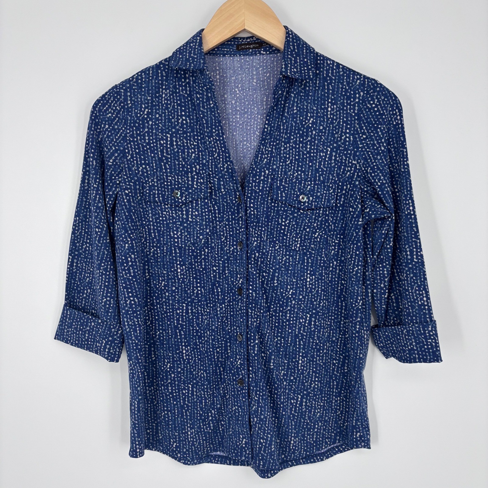 J.McLaughlin Catalina Cloth Safari Camp Shirt Womens XS Blue Dot 3/4 Sleeve