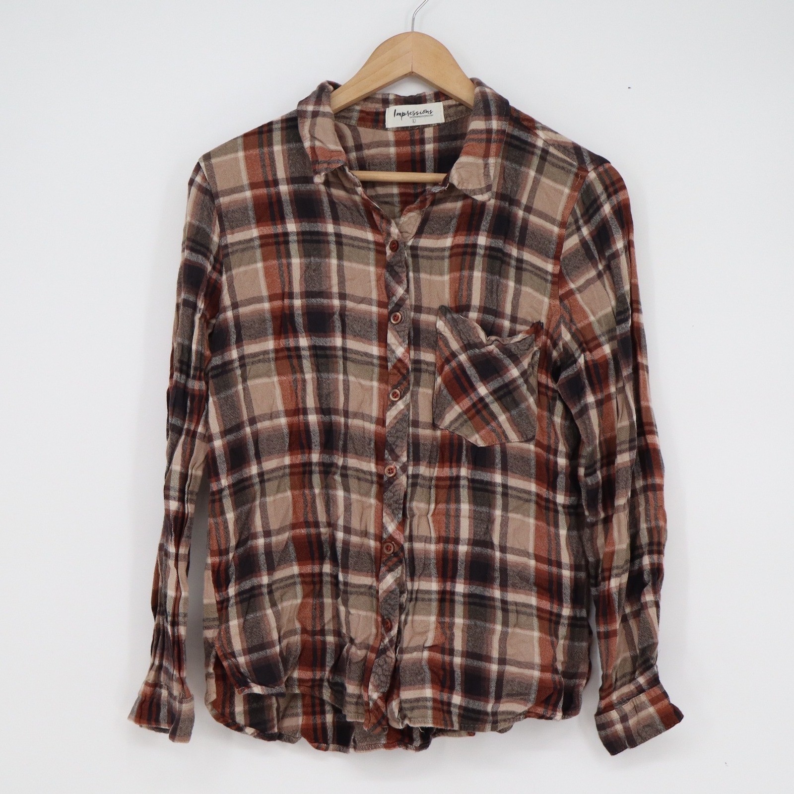 Impressions Brown Tan Plaid Rayon Button Down Shirt Womens Large Long Sleeve