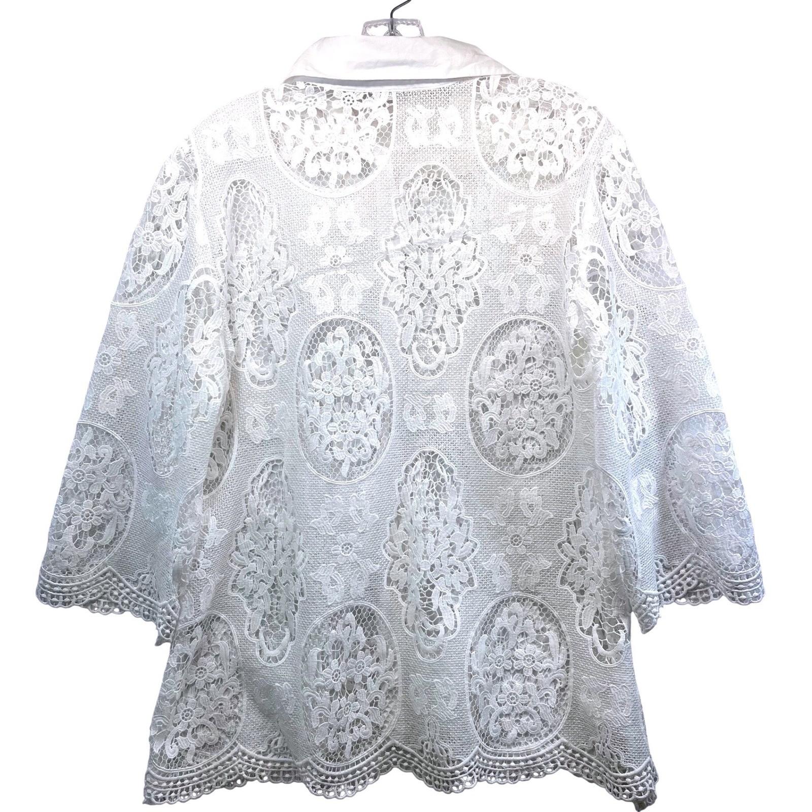 Vipavadee Womens White Floral Lace Button Down Shirt Scalloped Hem Large