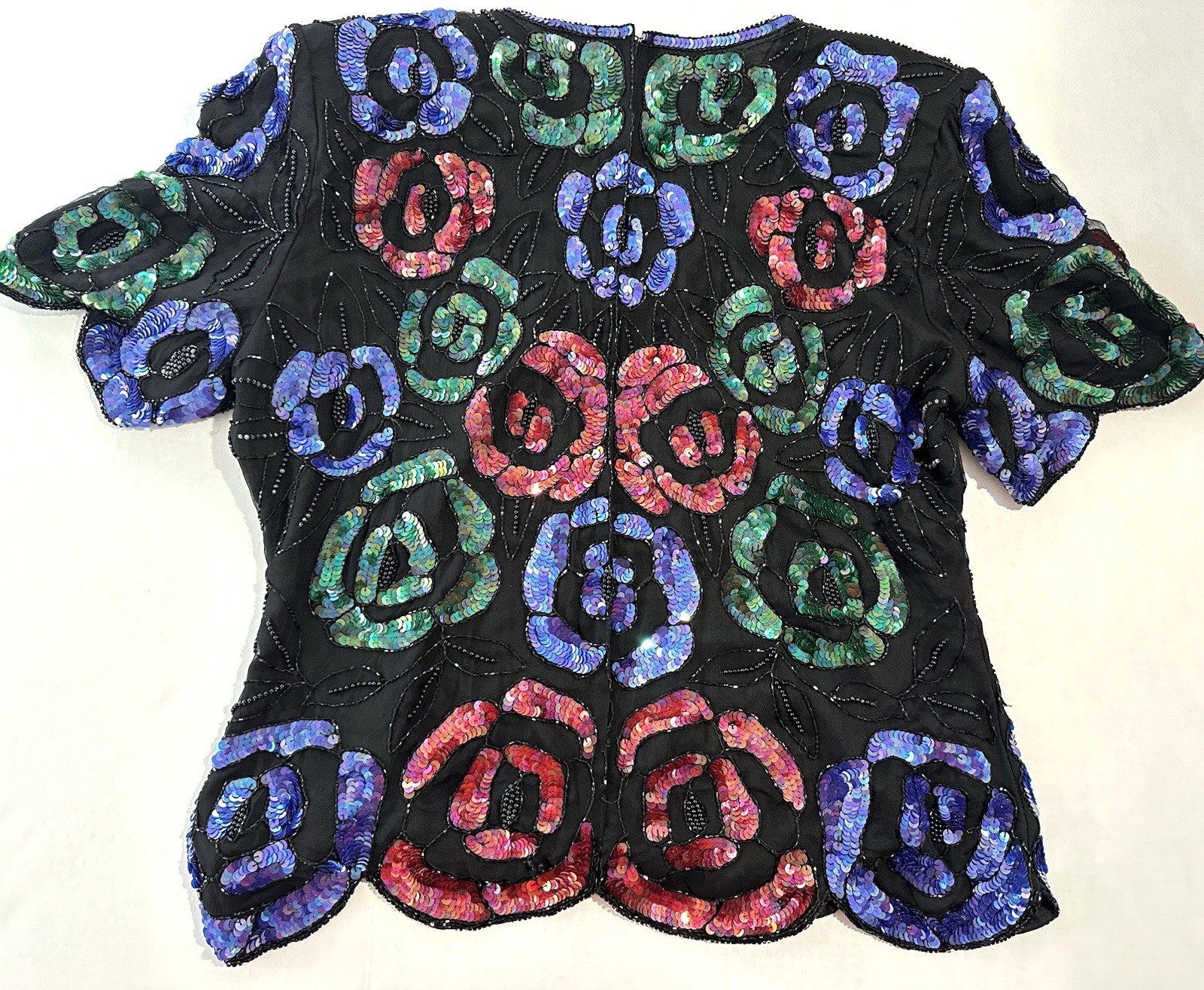 Vintage Stenay Sequins & Beaded Flower Shirt 100% Silk XL