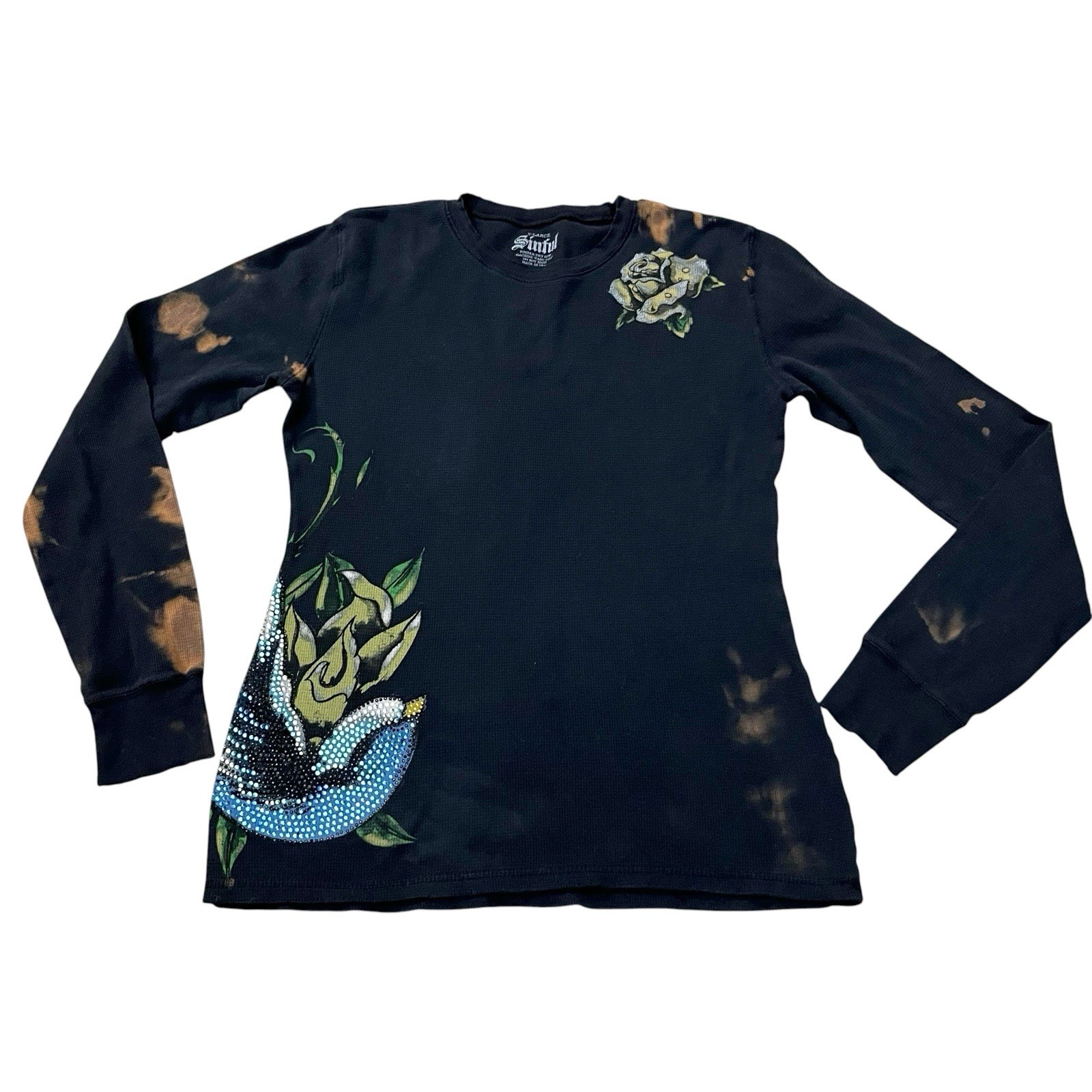Sinful By Affliction Rhinestone Thermal Tshirt XL Bird Floral Bleached Y2K Bling