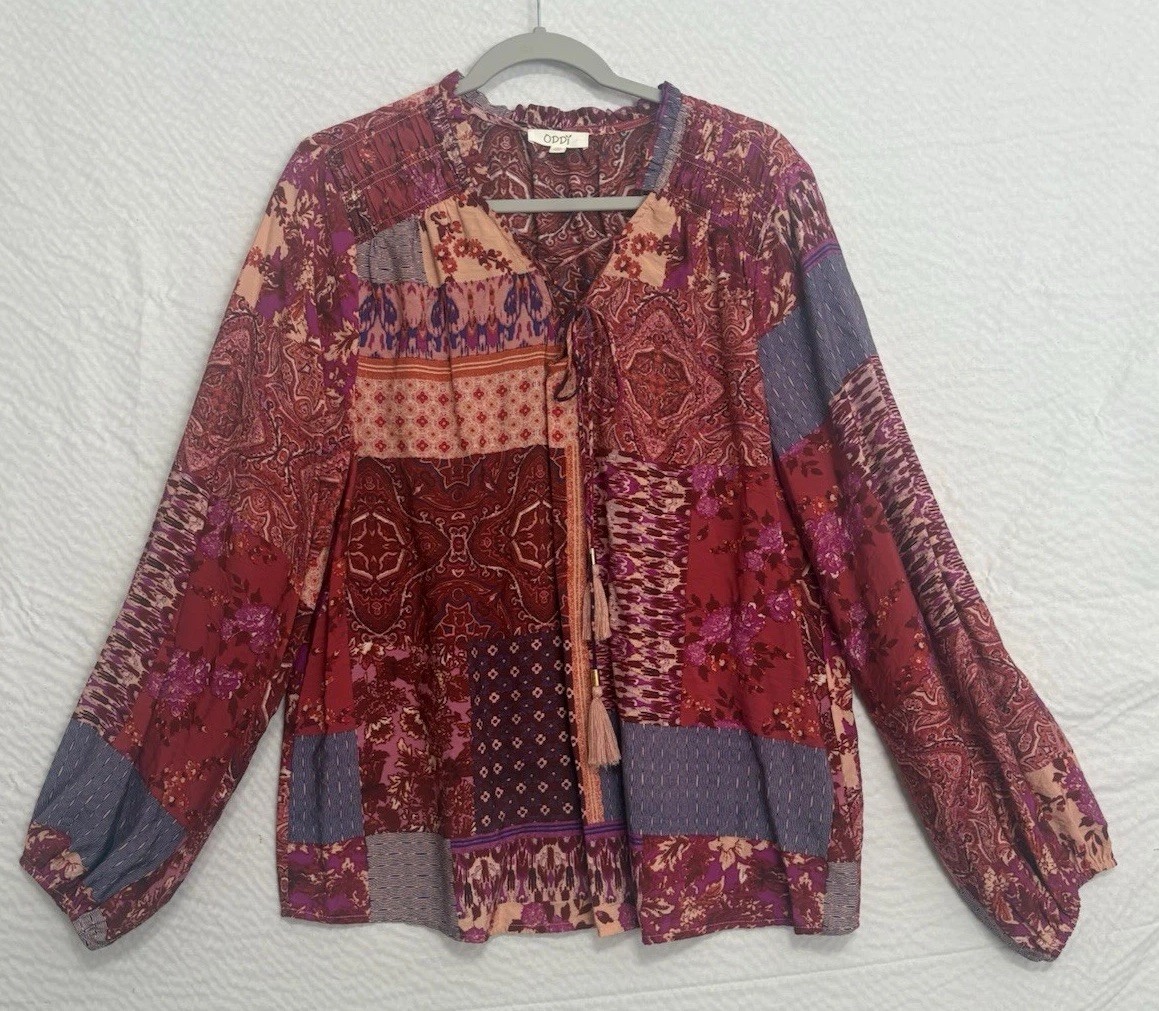 Oddy Women’s Boho Floral Patchwork V-Neck Tie Long Sleeve Top Size 1XL (D6-2)