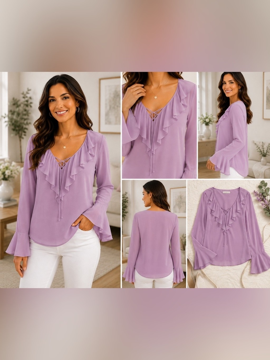 Bandolino Lavender Ruffle Lace-Up V-Neck Blouse