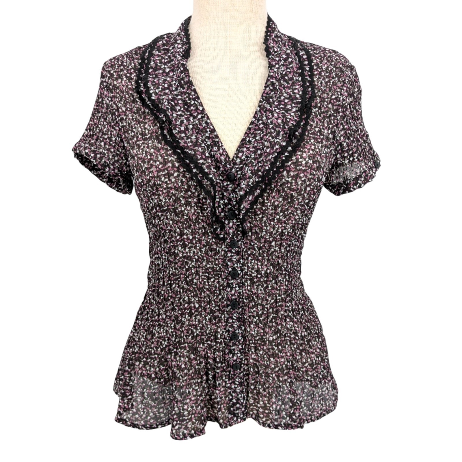 Y2K Crinkle Ruffle Blouse L Pink Black Confetti Peplum Twee Coquette Cottagegoth