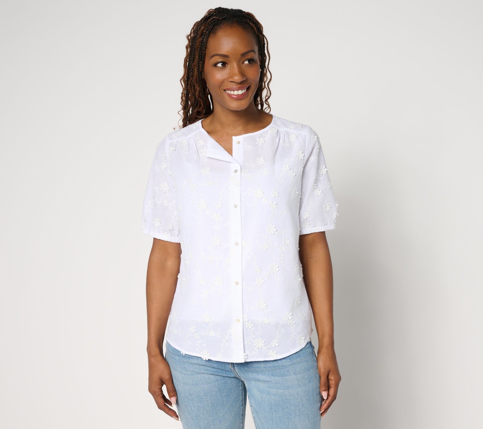 nicole by Nicole Miller Women’s Top Sz L 100% Cotton Floral White A691699