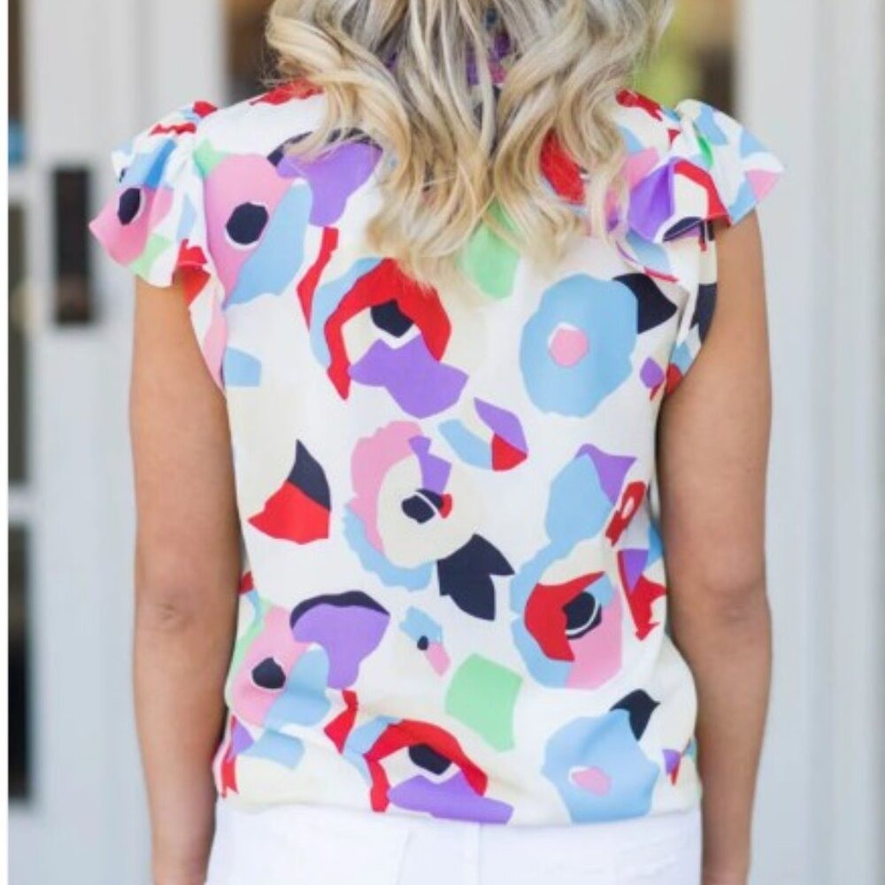 THML Colorful Smocked Mock Neck Ruffled Cap Abstract Print Blouse Sz M