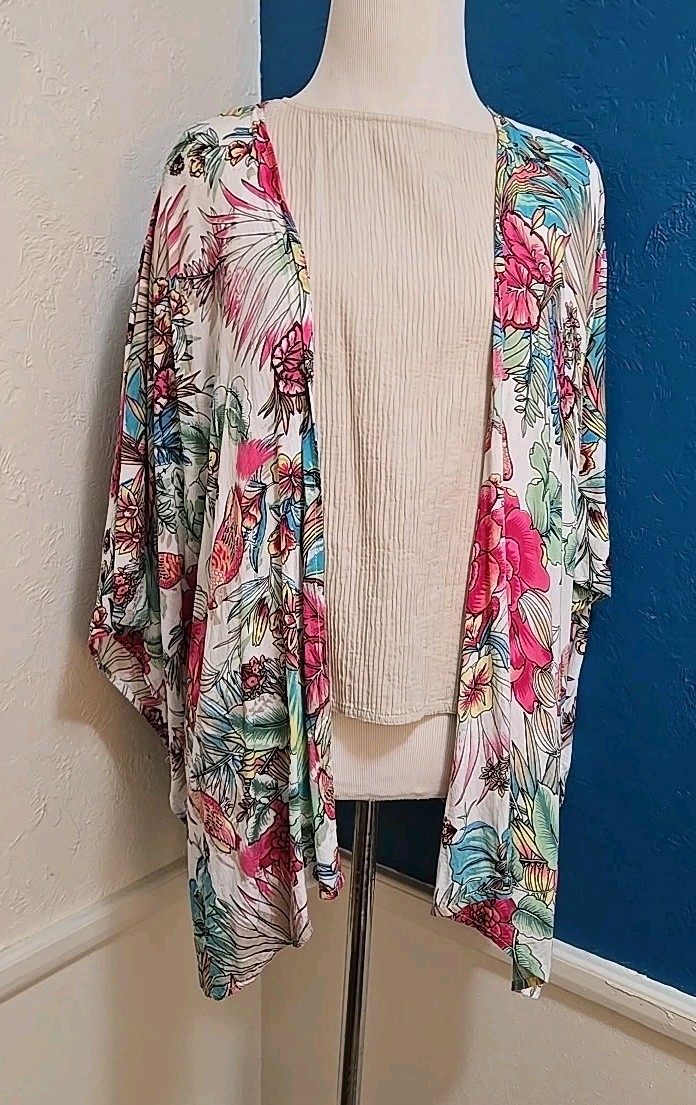 Staccato Tropical Floral Kimono Layer Top Size M Open Front Beach