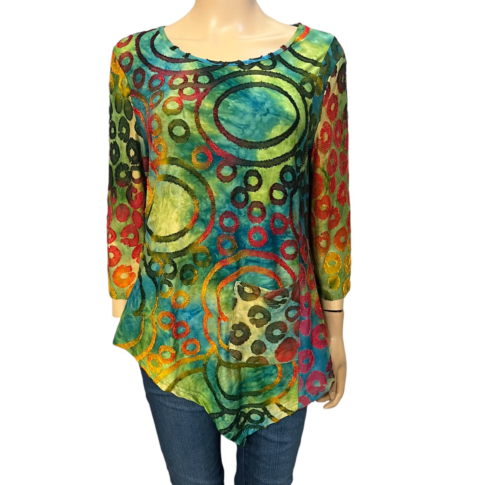 Shana Geometric Circle Print Tunic Top Small Asymmetrical Colorful Art To Wear