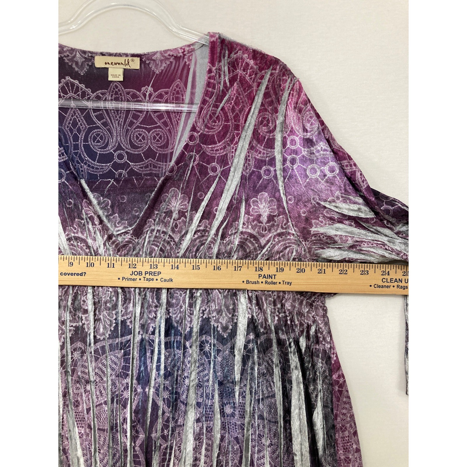 One World Tunic XL Purple Silver Paisley Empire Waist V-Neck Boho Velvet Artsy