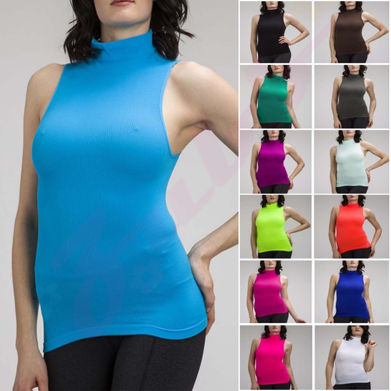 WOMEN MOCK TURTLENECK SLEEVELESS RIBBED FITTED TOP STRETCH TANK TOP SHIRT