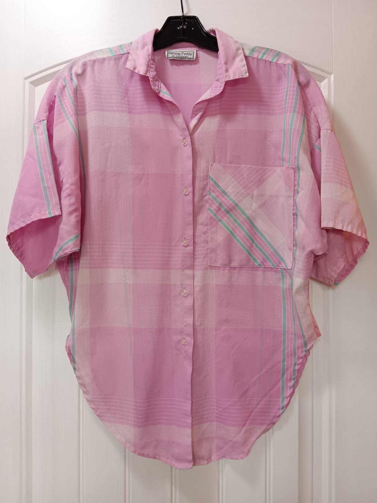 Vtg Sitting Pretty Of Californai Pink Short Sleeve Button-up Blouse Sz M 80s 90s